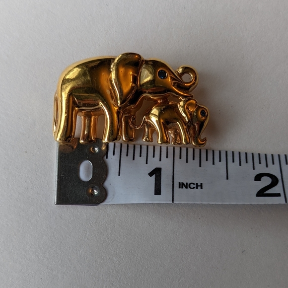 Krementz Polished Gold Tone Elephants Mama & Baby Blue Crystal Eyes Vintage - Picture 6 of 8
